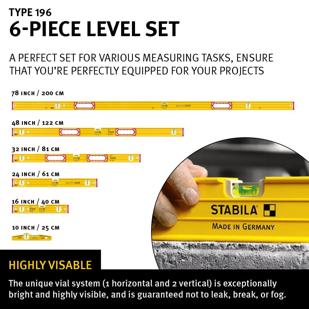 STABILA Type 196 6-piece Level Tool Set - Includes: 16, 24, 32, 48